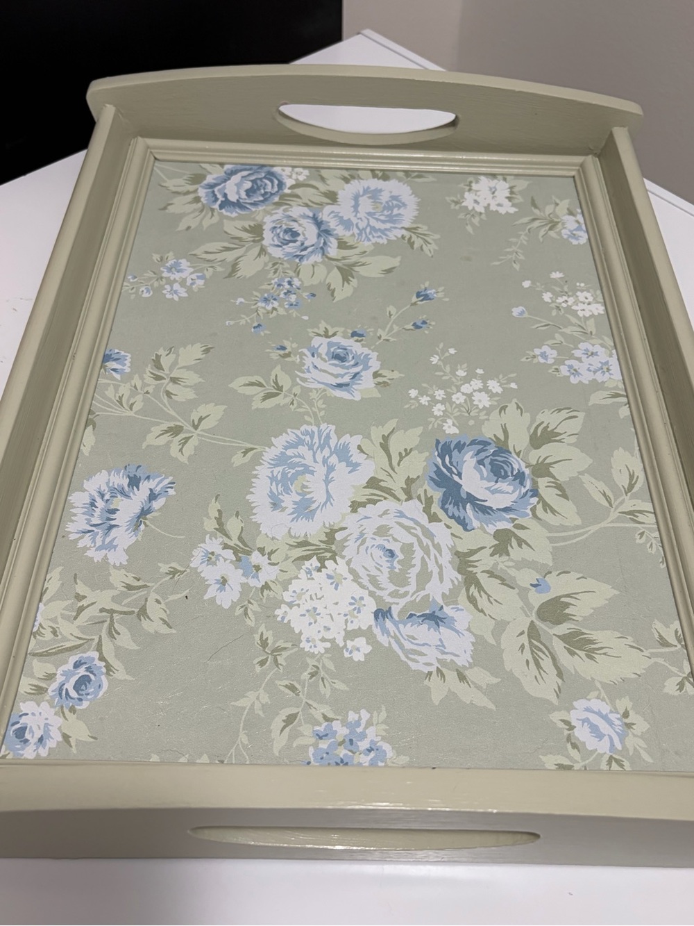 Sage Green Blue Floral Wooden Tray
